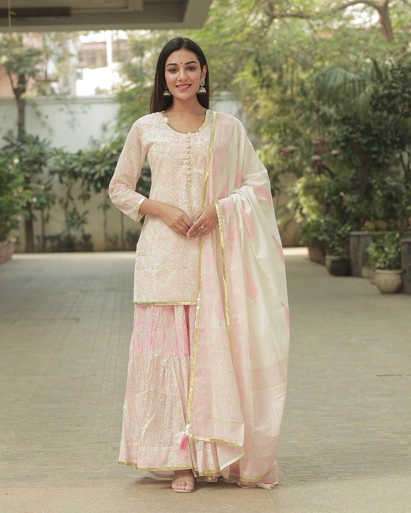 BABY PINK HANDBLOCK SHARARA SET