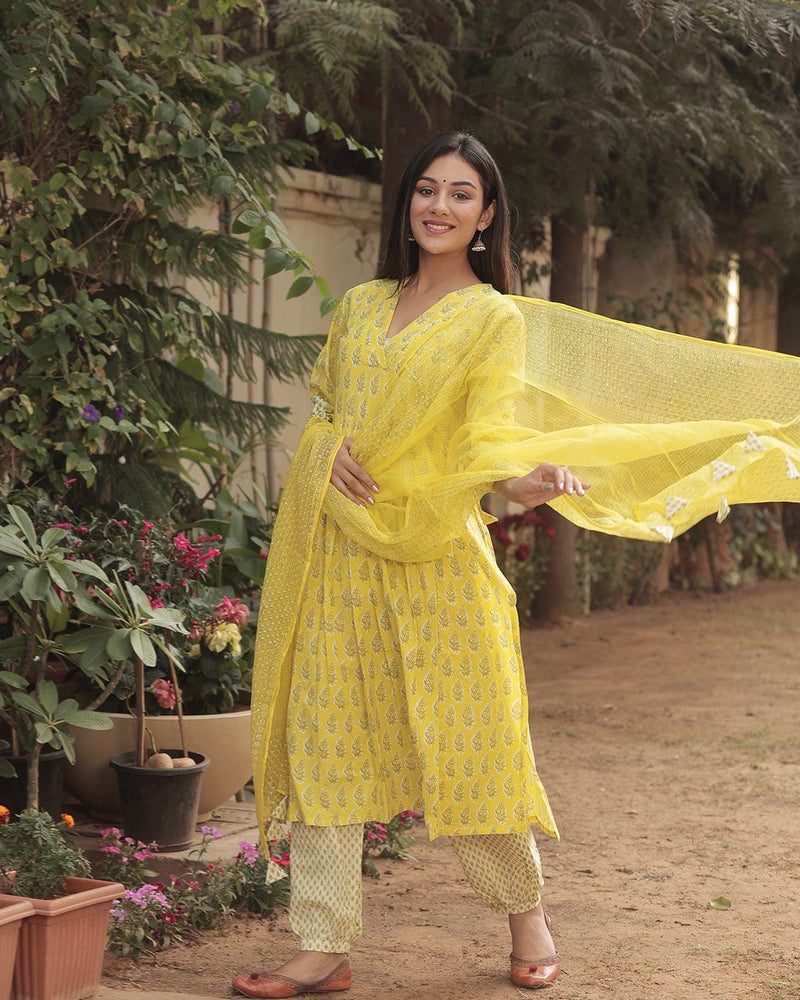 SUNFLOWER YELLOW HANDBLOCK COTTON SUIT SET