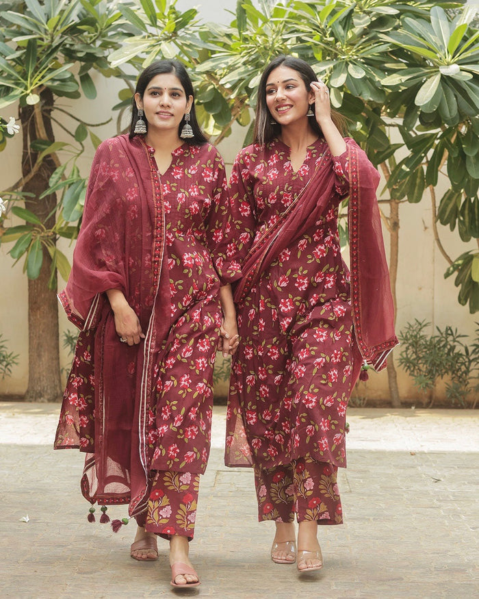 MAROON COTTON SUIT SET WITH FLORAL PRINT