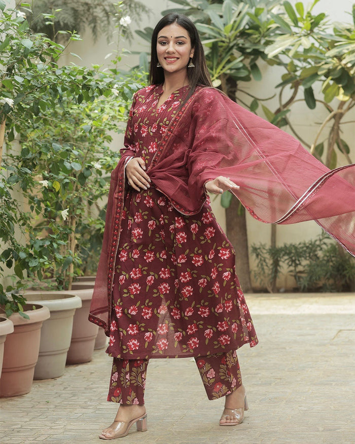 MAROON COTTON SUIT SET WITH FLORAL PRINT