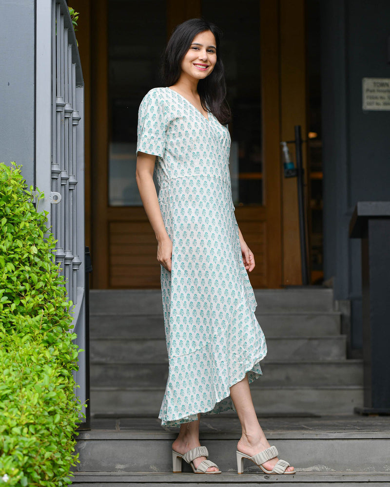 GREEN & WHITE WRAP-AROUND DRESS