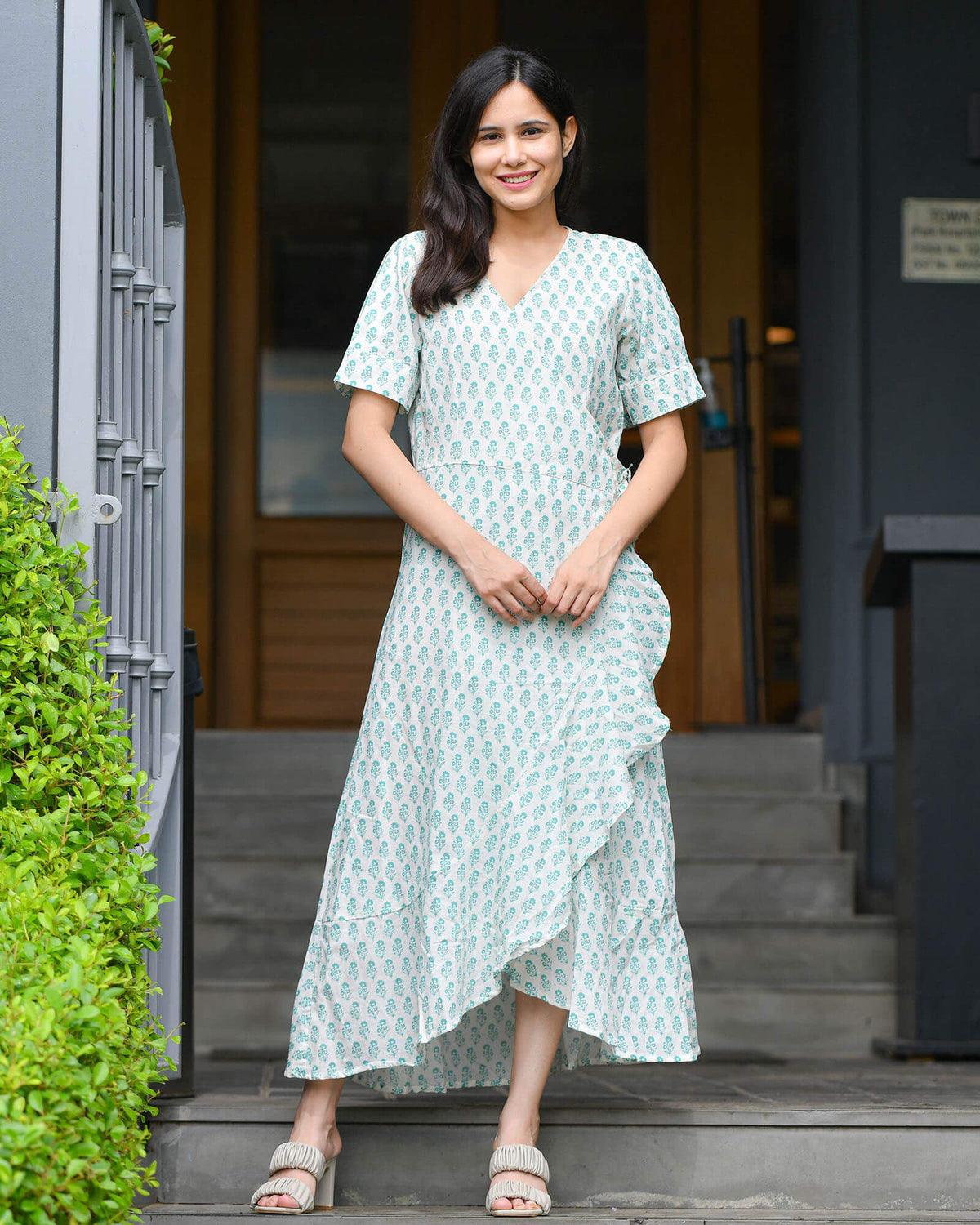 GREEN & WHITE WRAP-AROUND DRESS