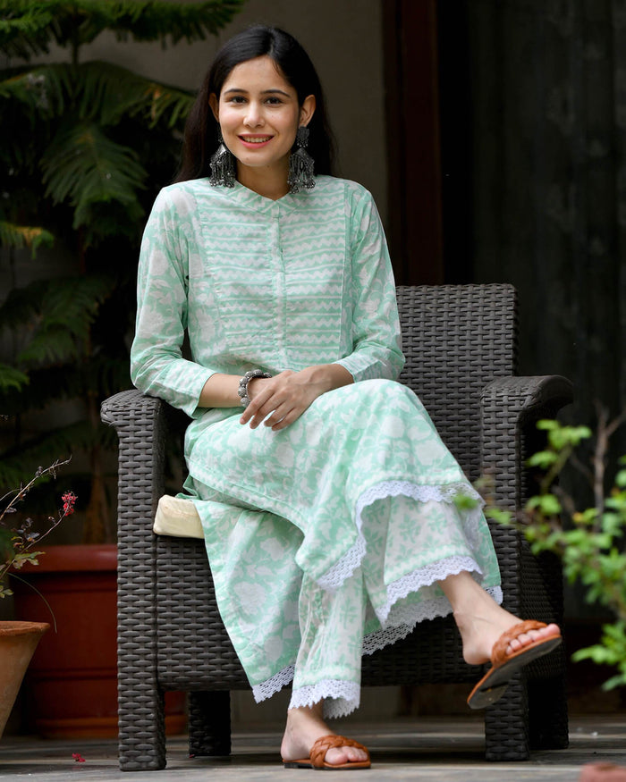 SEA GREEN COTTON HANDBLOCK KURTA SET