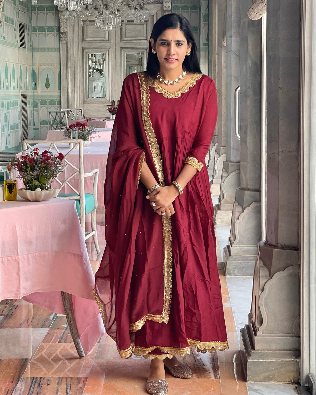 MAROON SHANTUNG EMBROIDERED ANARKALI SET