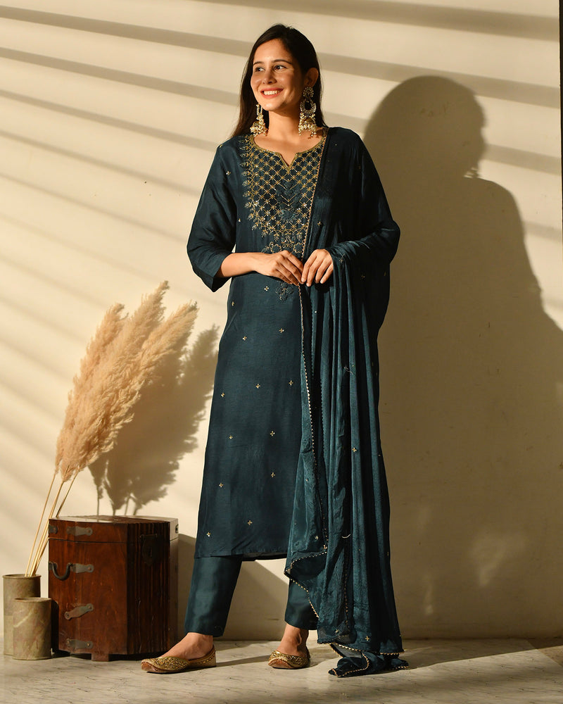 PRUSSIAN BLUE MUSLIN SUIT SET WITH HANDWORK