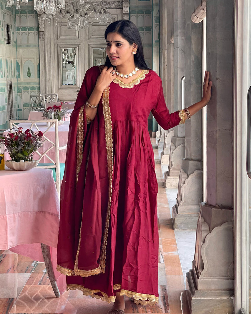 MAROON SHANTUNG EMBROIDERED ANARKALI SET