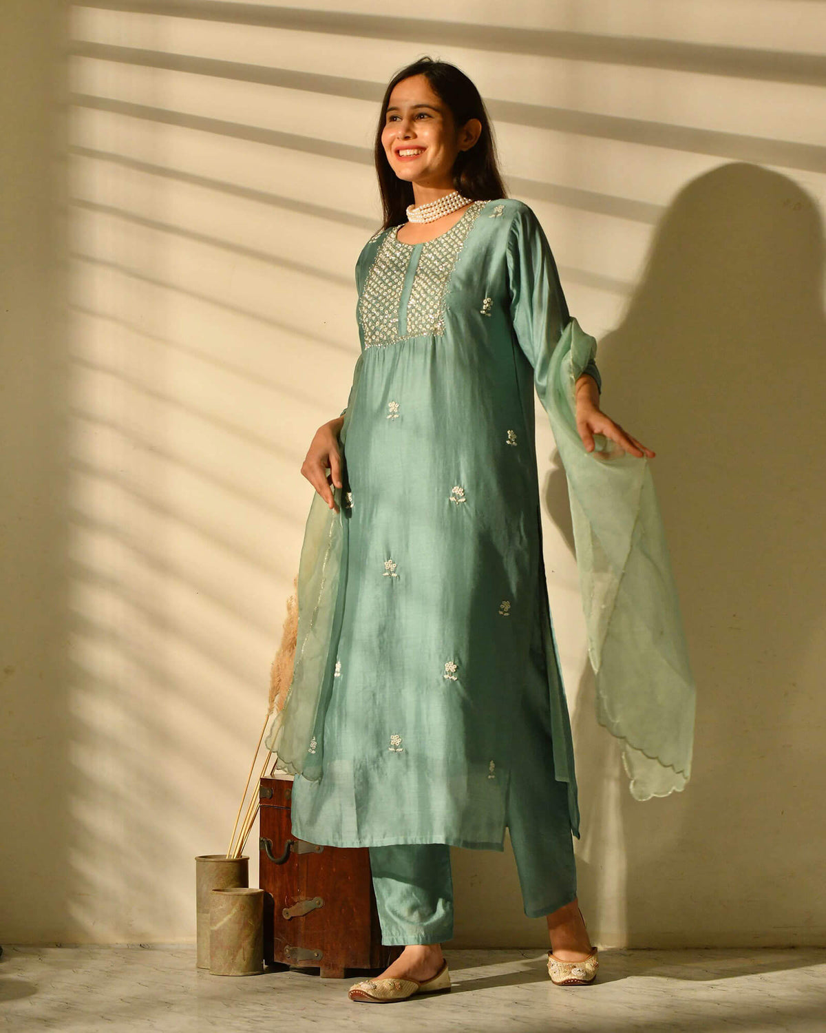 SEA GREEN MUSLIN SUIT SET WITH EMBROIDERY