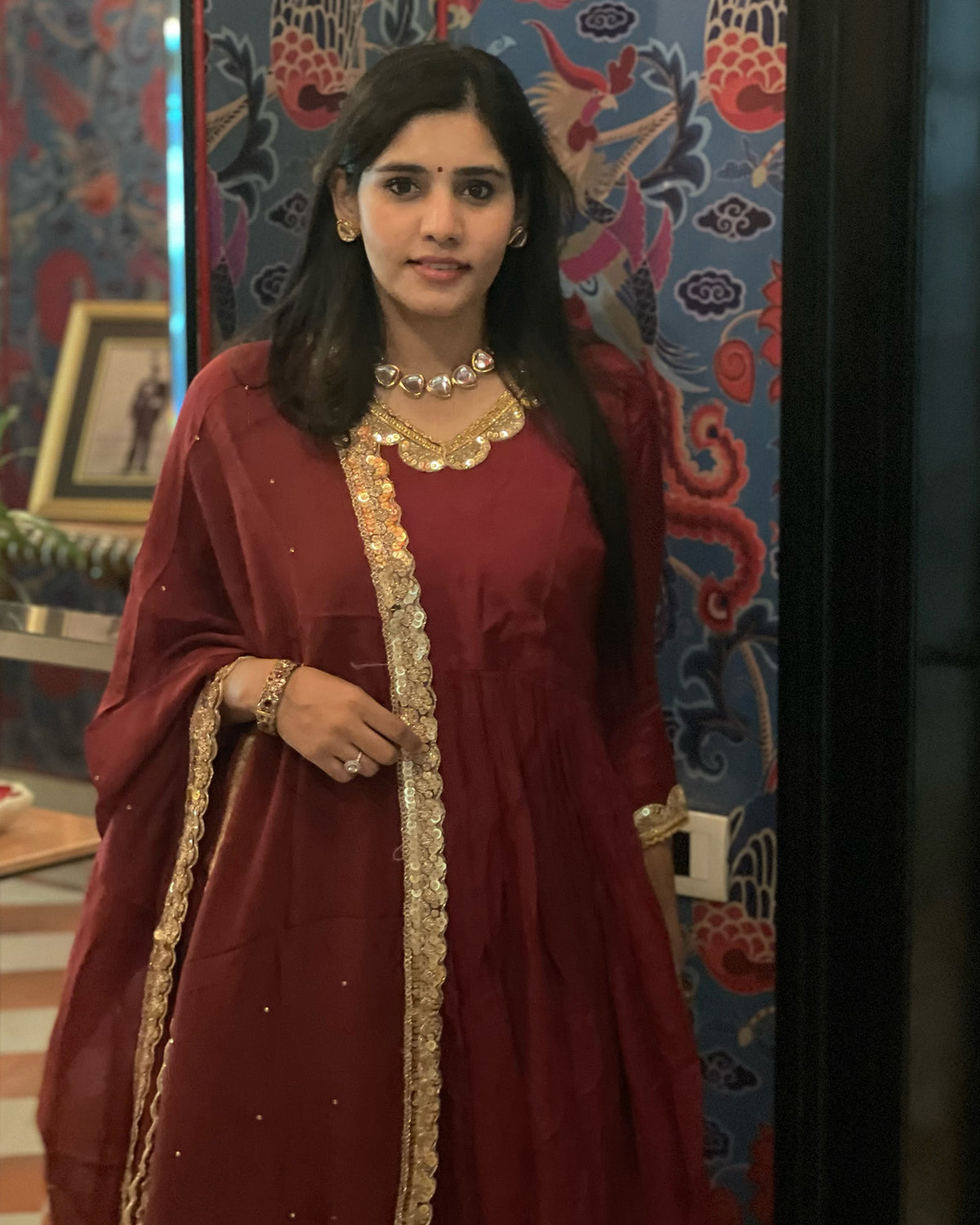 MAROON SHANTUNG EMBROIDERED ANARKALI SET