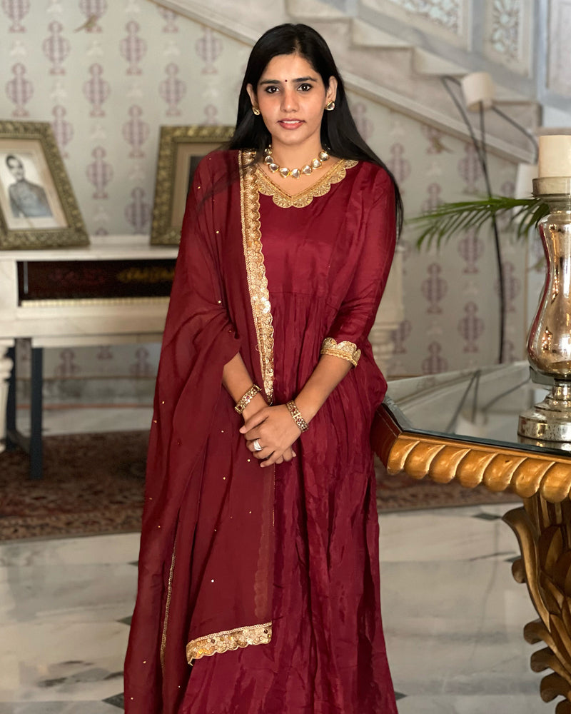 MAROON SHANTUNG EMBROIDERED ANARKALI SET