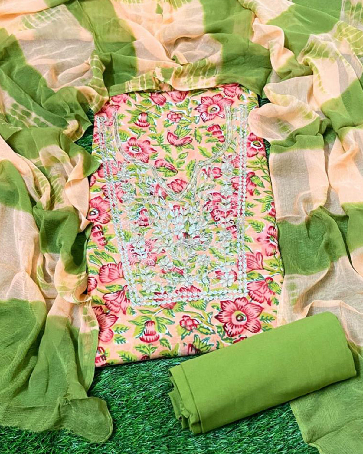 PINK FLORAL PRINT HANDBLOCK UNSTITCHED SUIT SET