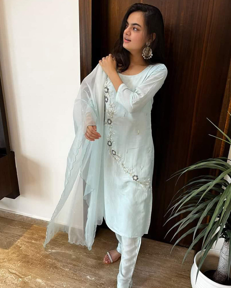 POWDER BLUE MUSLIN SUIT SET WITH HANDWORK