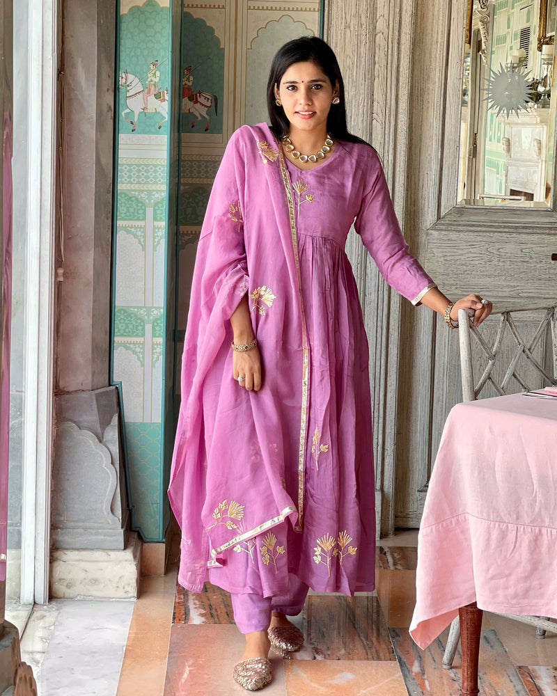 TAFFY PINK SHANTUNG  ANARKALI SUIT SET WITH GOTA