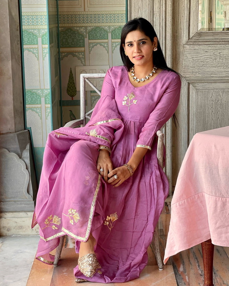 TAFFY PINK SHANTUNG  ANARKALI SUIT SET WITH GOTA