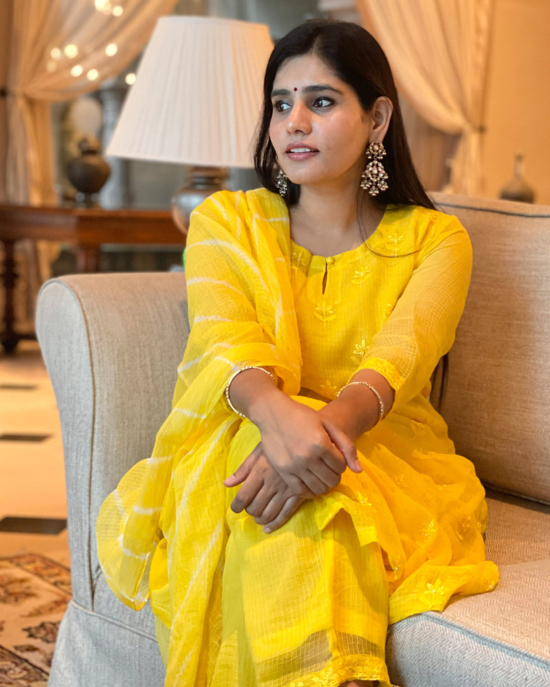 YELLOW KOTA DORIA SUIT SET WITH EMBROIDERY