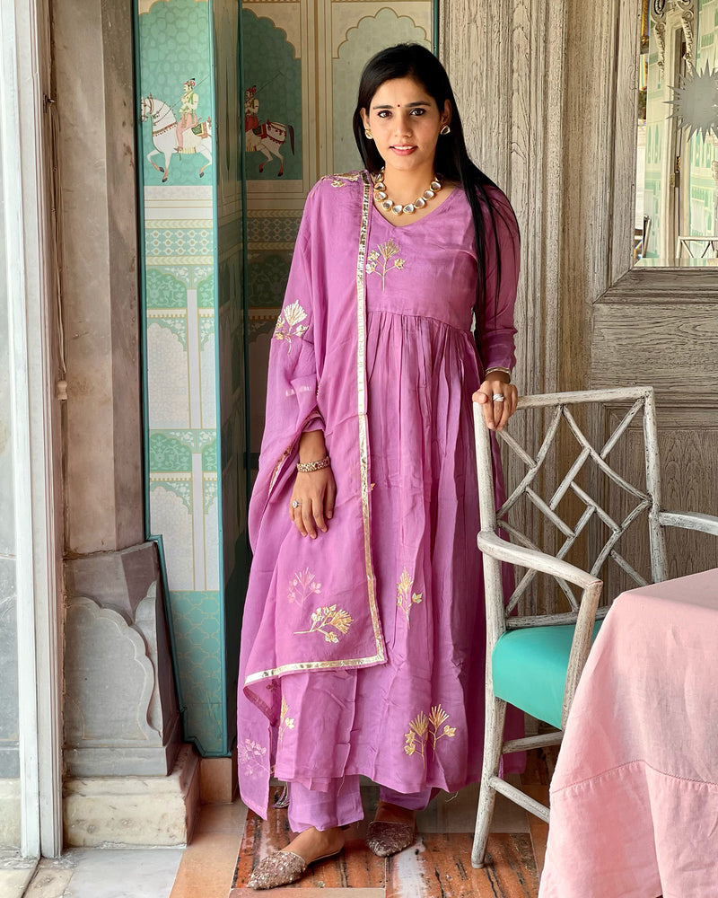 TAFFY PINK SHANTUNG  ANARKALI SUIT SET WITH GOTA