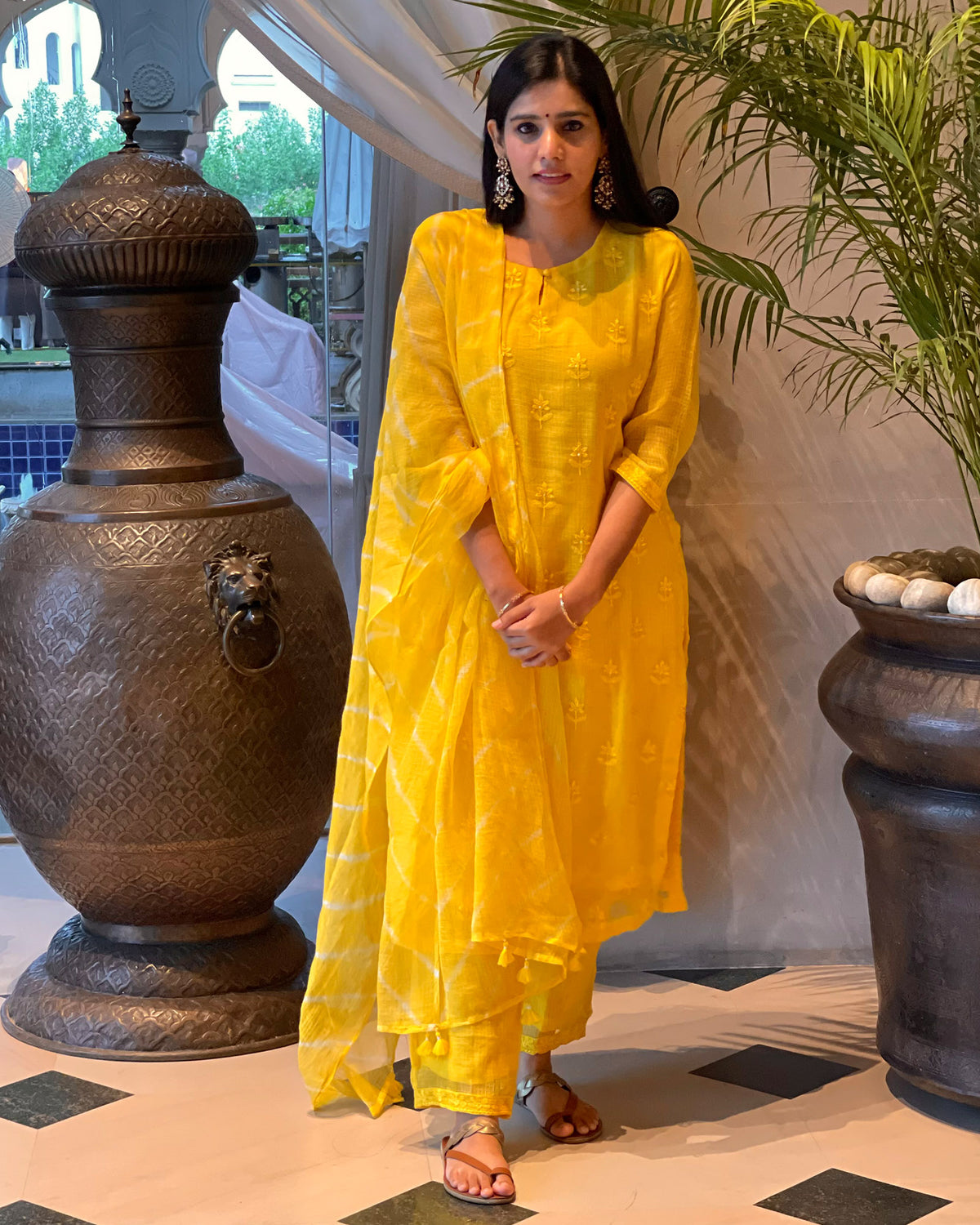 YELLOW KOTA DORIA SUIT SET WITH EMBROIDERY