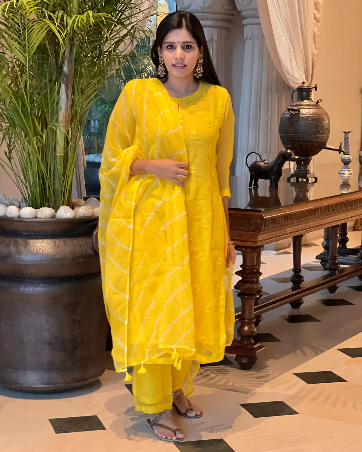 YELLOW KOTA DORIA SUIT SET WITH EMBROIDERY