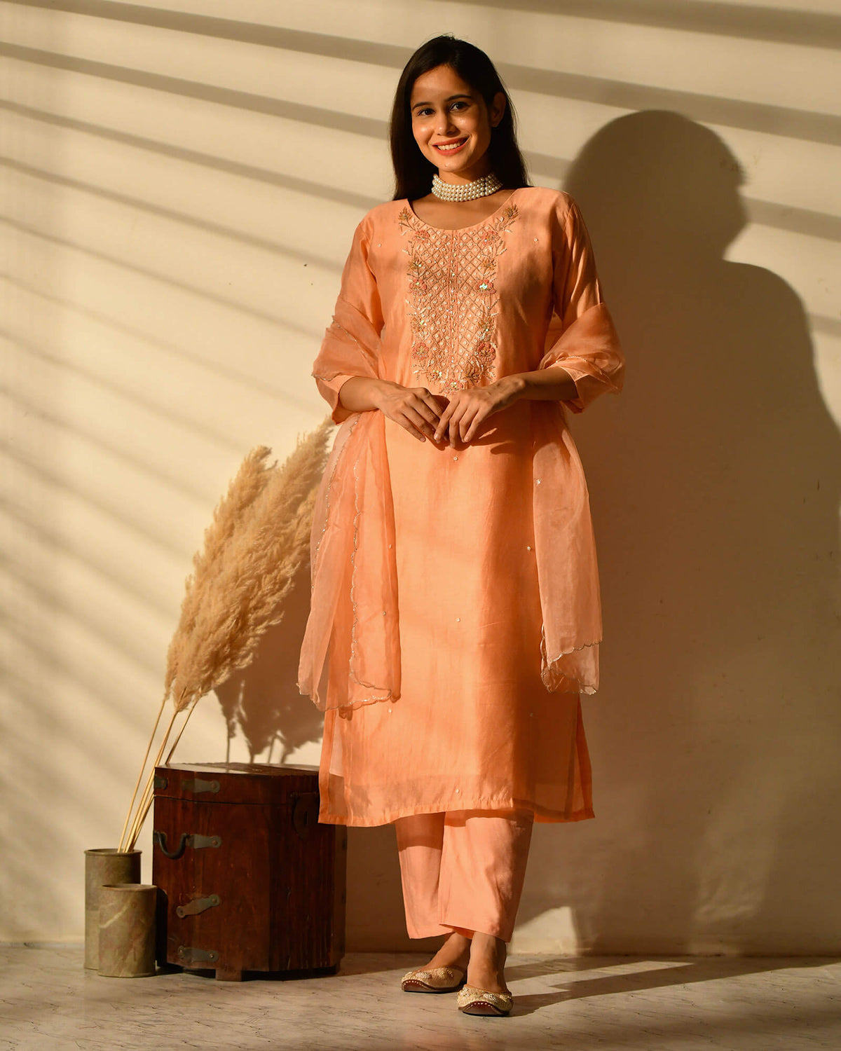 PEACH MUSLIN SUIT SET WITH EMBROIDERY