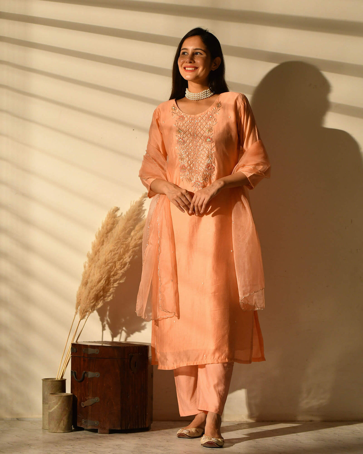 PEACH MUSLIN SUIT SET WITH EMBROIDERY