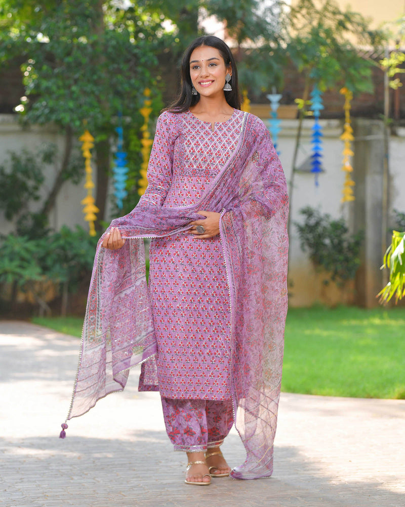 PURPLE PINK HANDBLOCK SUIT SET WITH GOTA WORK