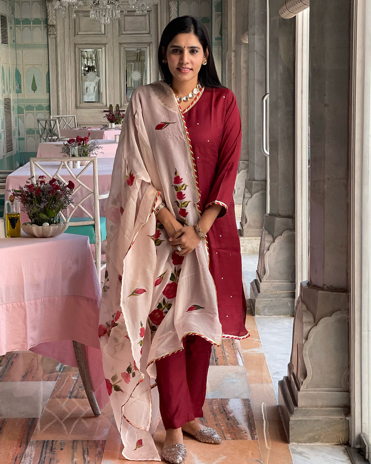 MAROON MUSLIN SUIT WITH HANDPAINTED DUPATTA