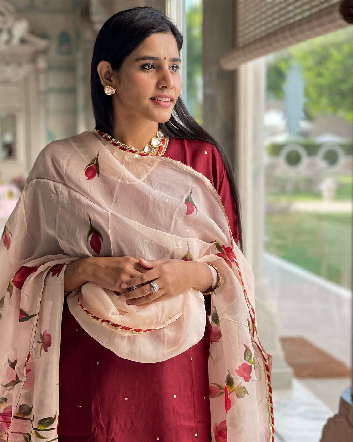 MAROON MUSLIN SUIT WITH HANDPAINTED DUPATTA