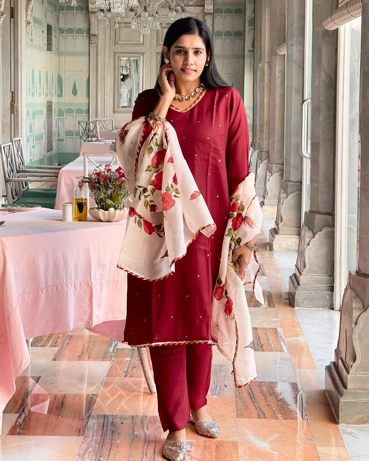 MAROON MUSLIN SUIT WITH HANDPAINTED DUPATTA