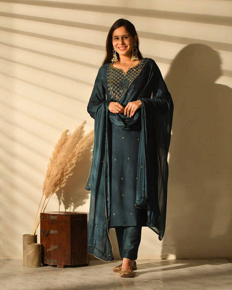 PRUSSIAN BLUE MUSLIN SUIT SET WITH HANDWORK