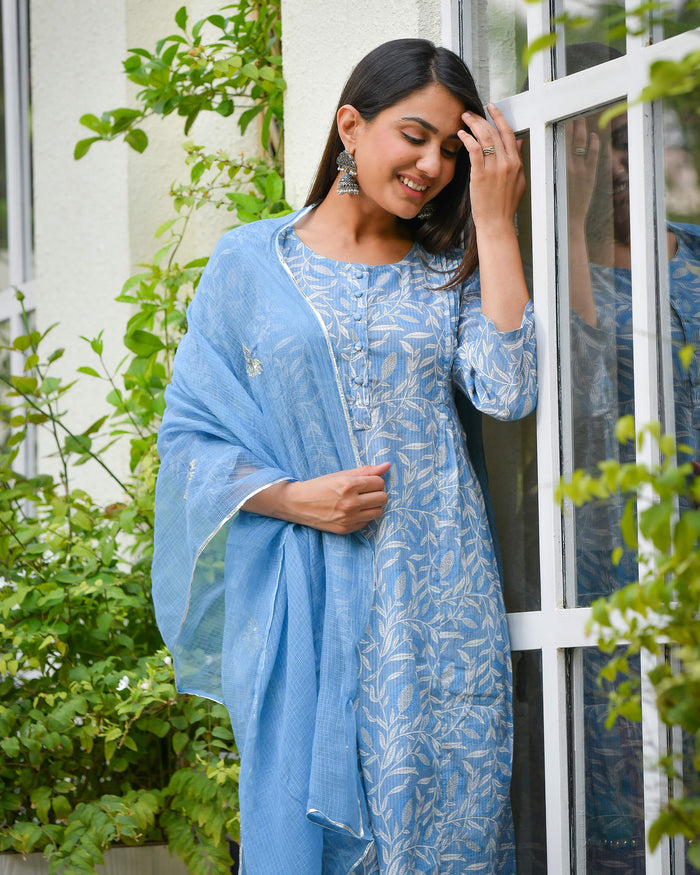 BLUE DOBY COTTON SUIT SET WITH KOTA DUPATTA