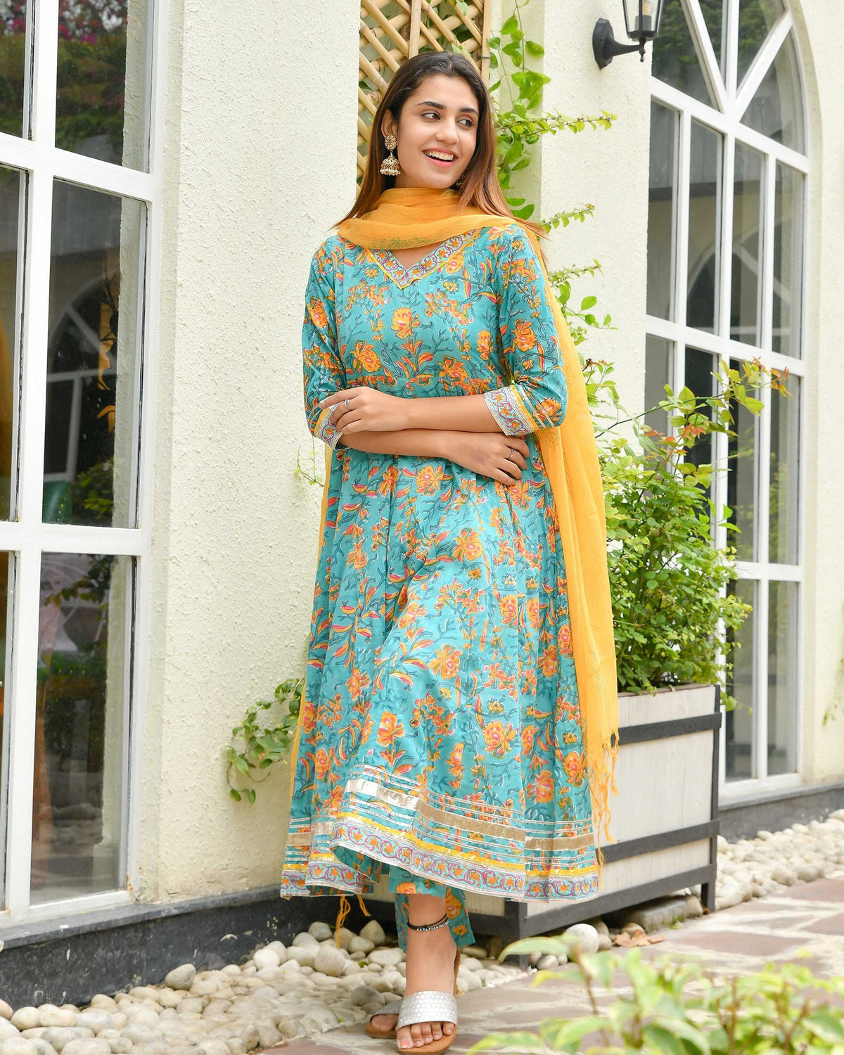 BLUE & YELLOW LEAF PRINT HANDBLOCK ANARKALI