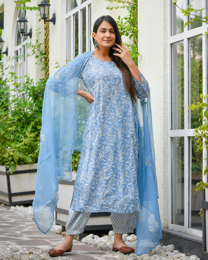 BLUE DOBY COTTON SUIT SET WITH KOTA DUPATTA