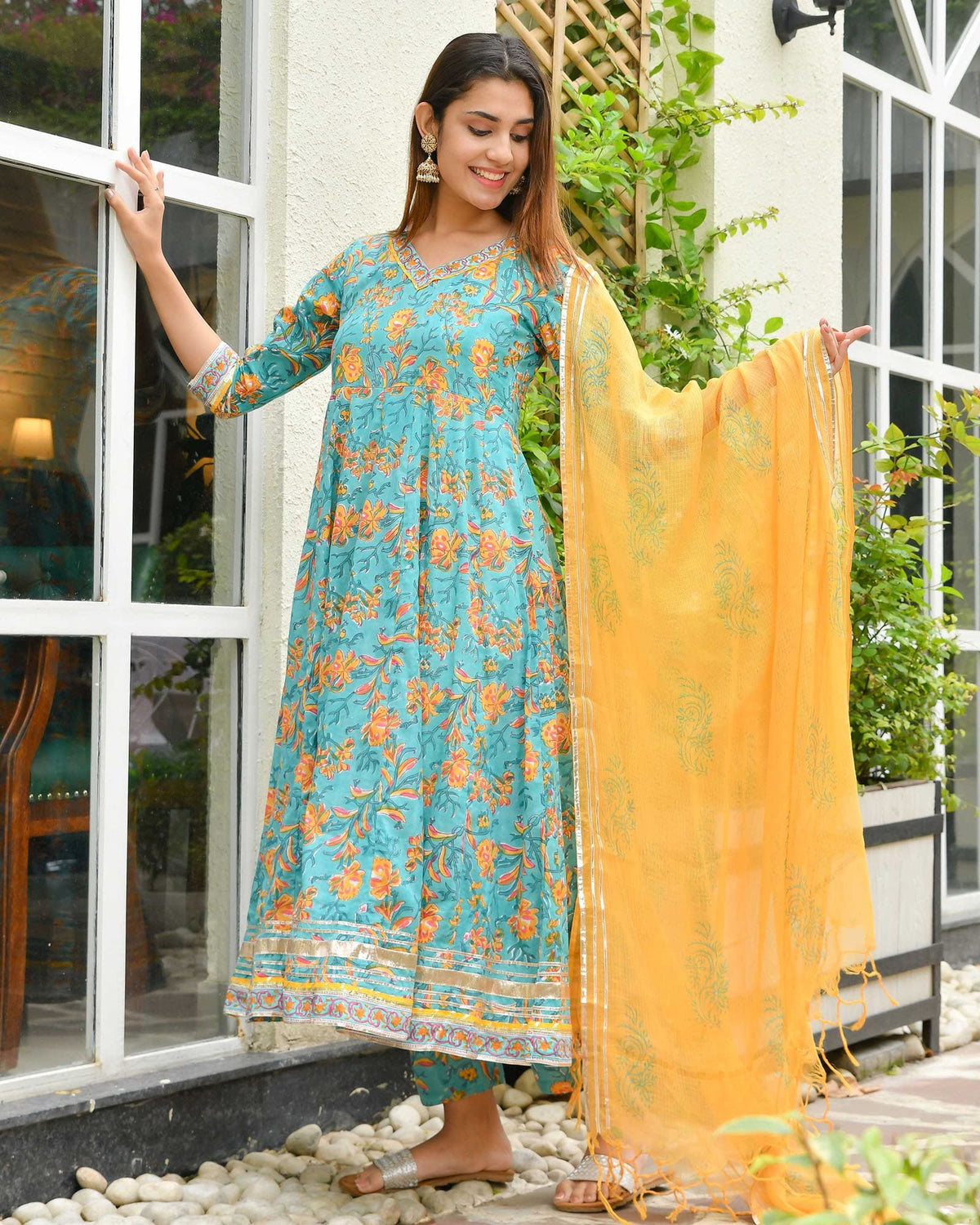 BLUE & YELLOW LEAF PRINT HANDBLOCK ANARKALI