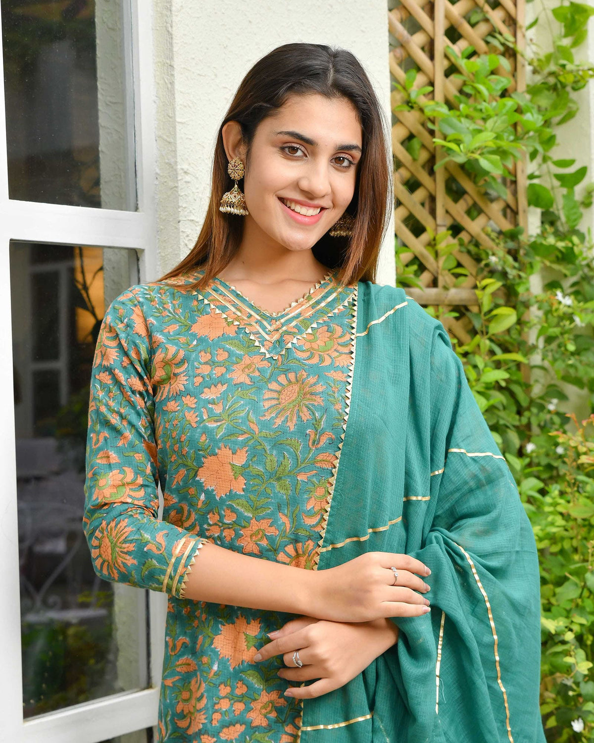 JOYFUL JADE GREEN KOTA DORIA HANDBLOCK SUIT SET