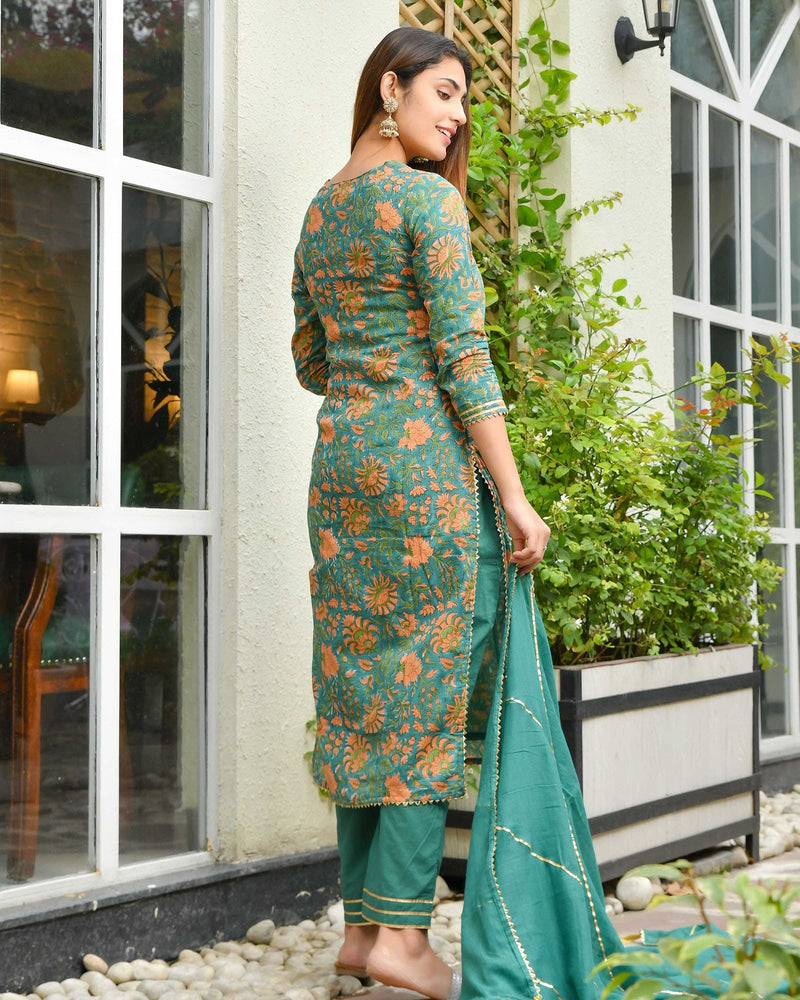 JOYFUL JADE GREEN KOTA DORIA HANDBLOCK SUIT SET