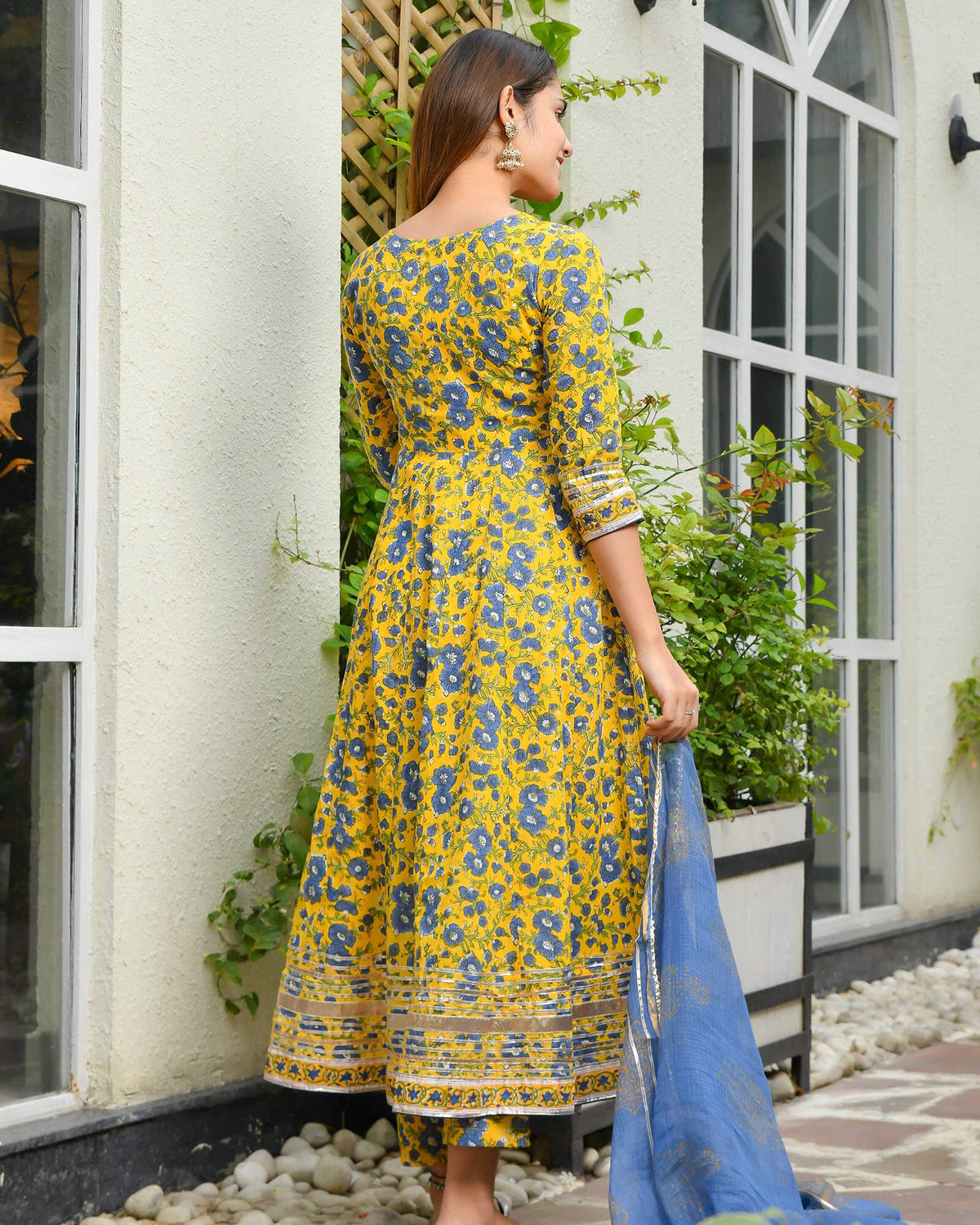 YELLOW & BLUE FLORAL PRINT HANDBLOCK ANARKALI