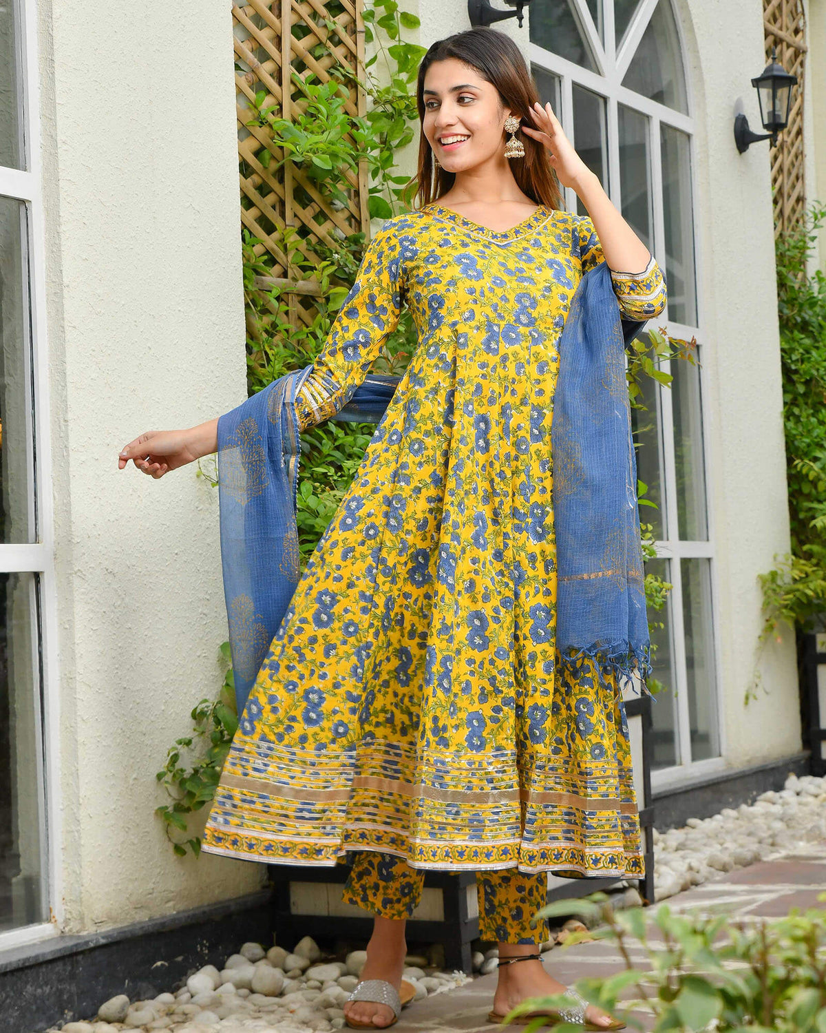 YELLOW & BLUE FLORAL PRINT HANDBLOCK ANARKALI