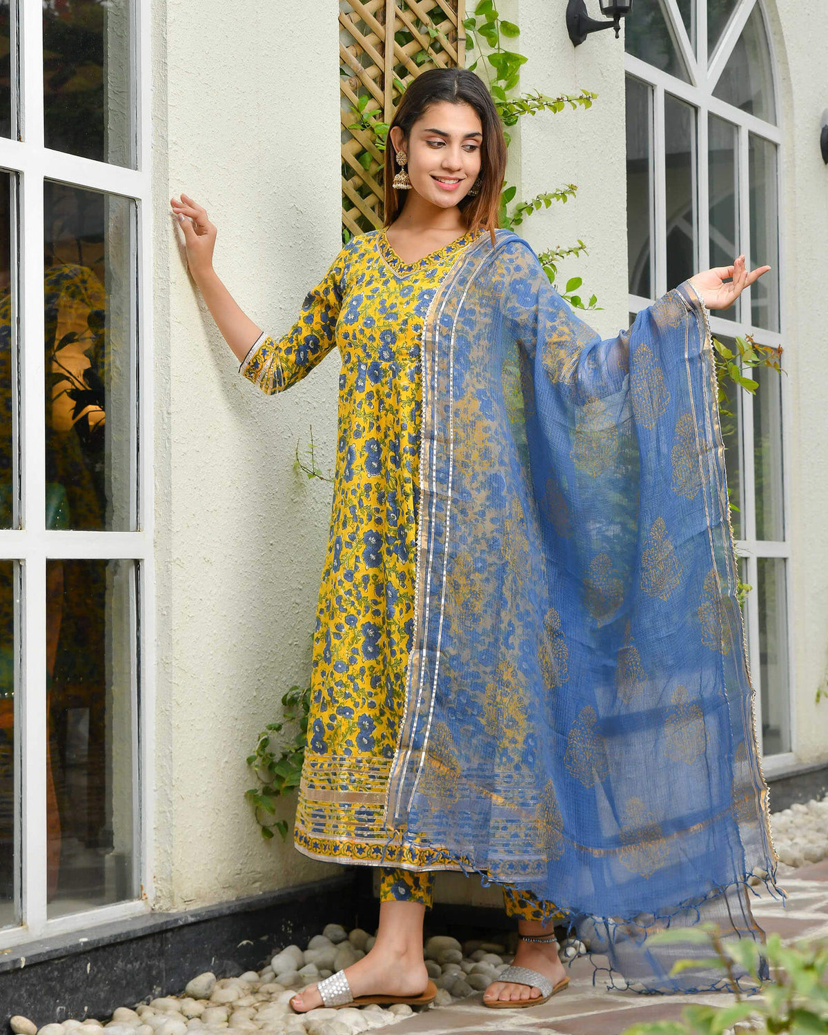 YELLOW & BLUE FLORAL PRINT HANDBLOCK ANARKALI