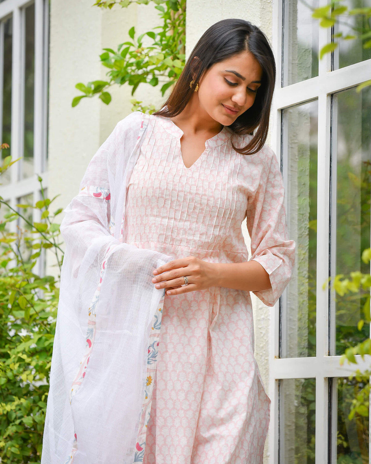 PINK & WHITE HANDBLOCK COTTON SUIT SET