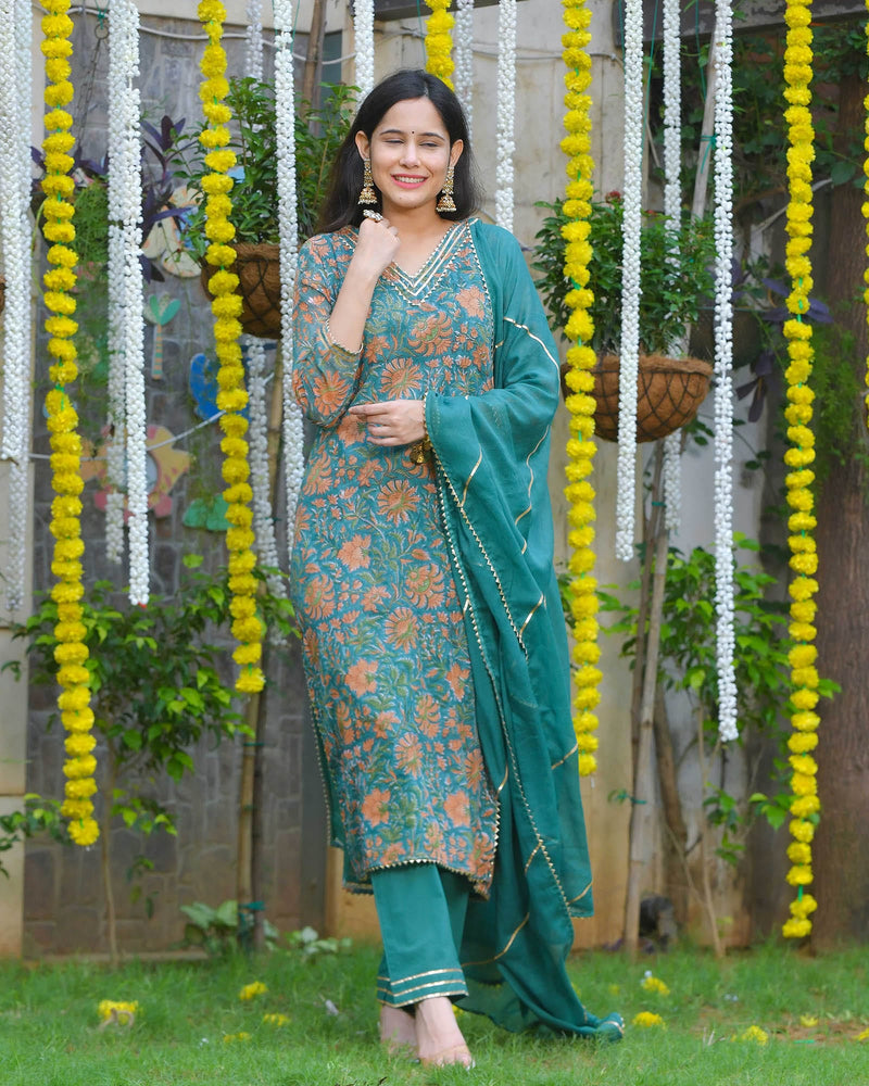 JOYFUL JADE GREEN KOTA DORIA HANDBLOCK SUIT SET