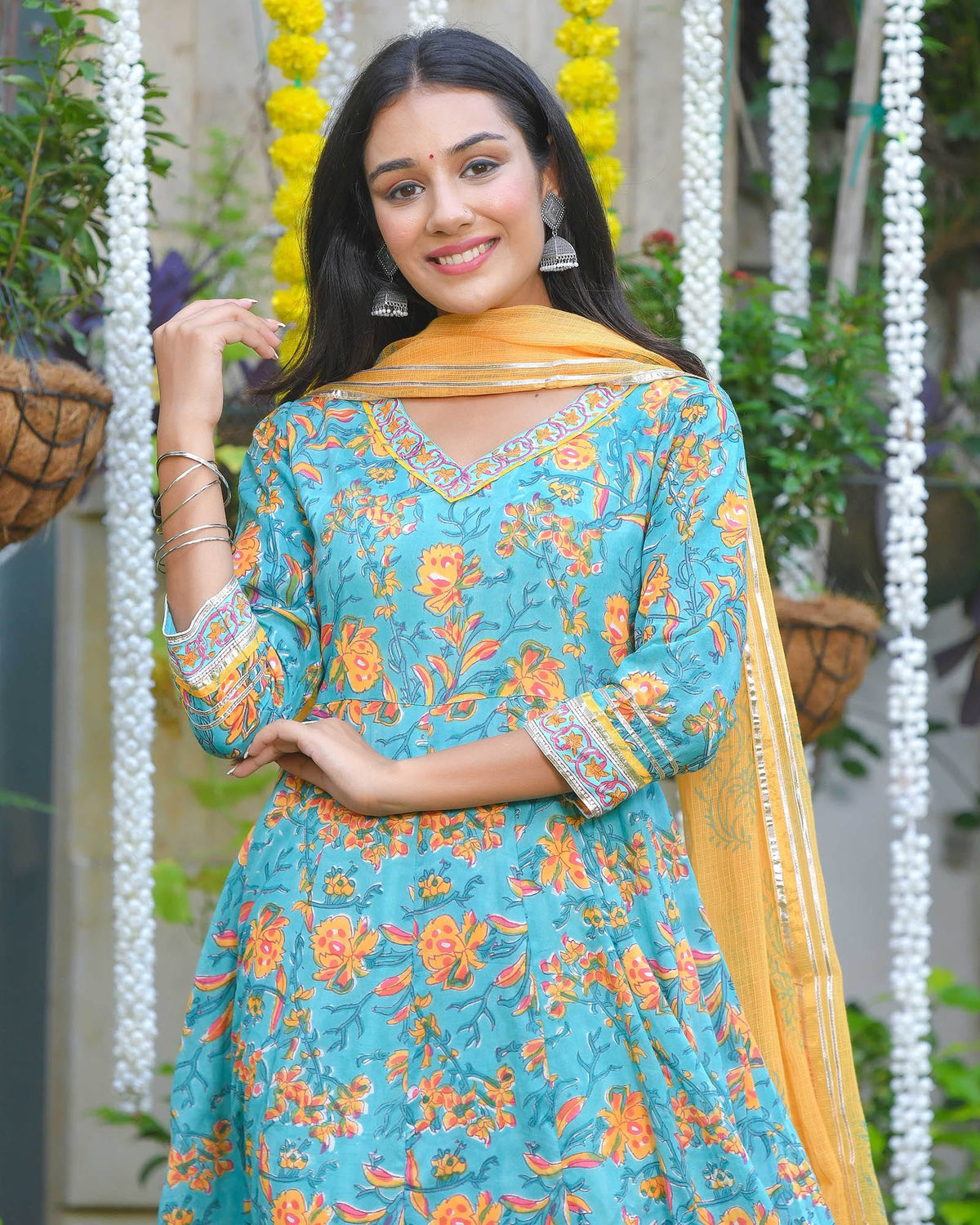 BLUE & YELLOW LEAF PRINT HANDBLOCK ANARKALI