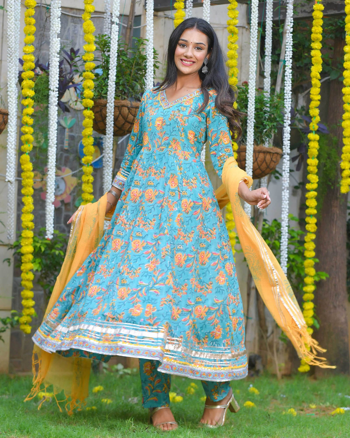 BLUE & YELLOW LEAF PRINT HANDBLOCK ANARKALI