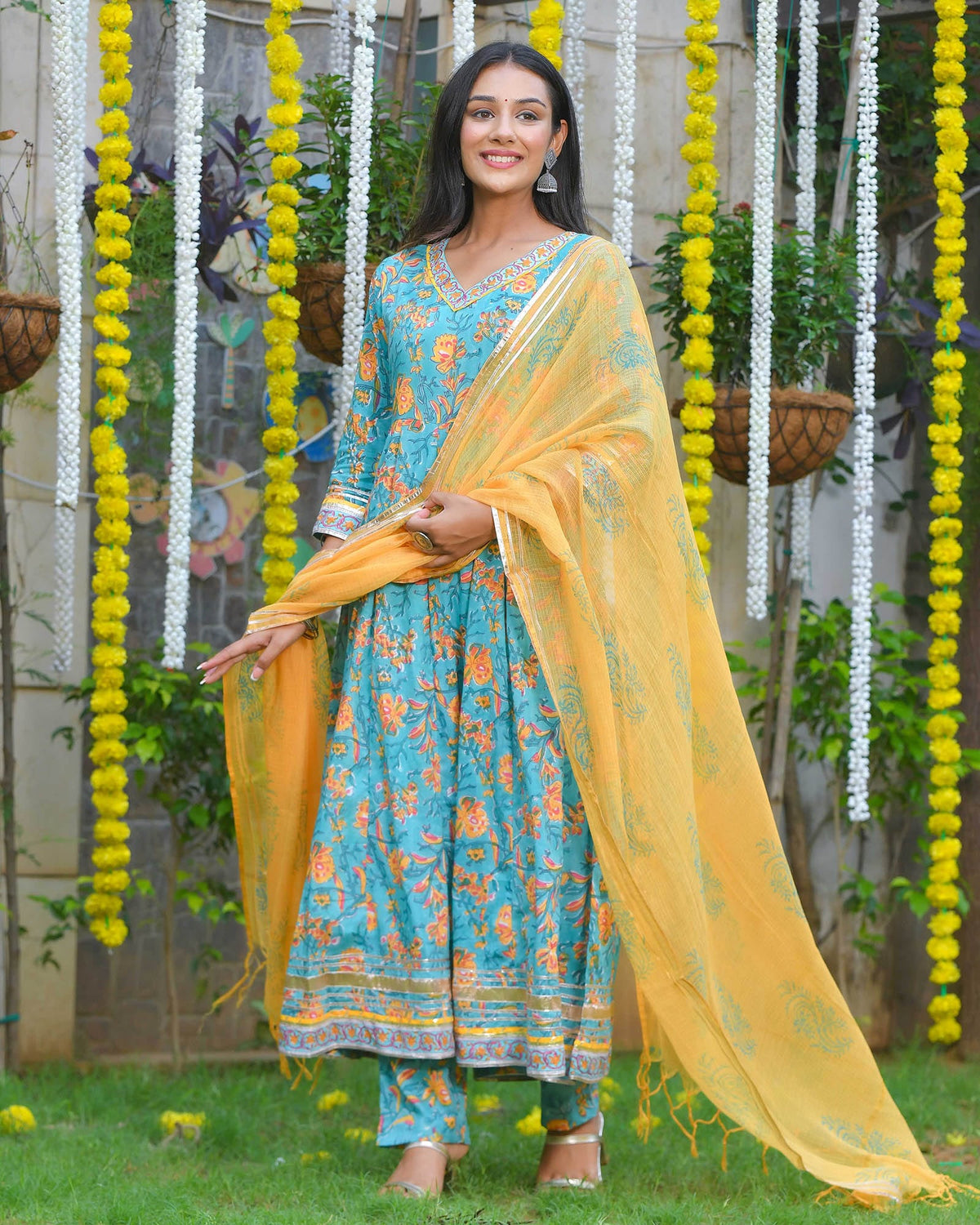 BLUE & YELLOW LEAF PRINT HANDBLOCK ANARKALI