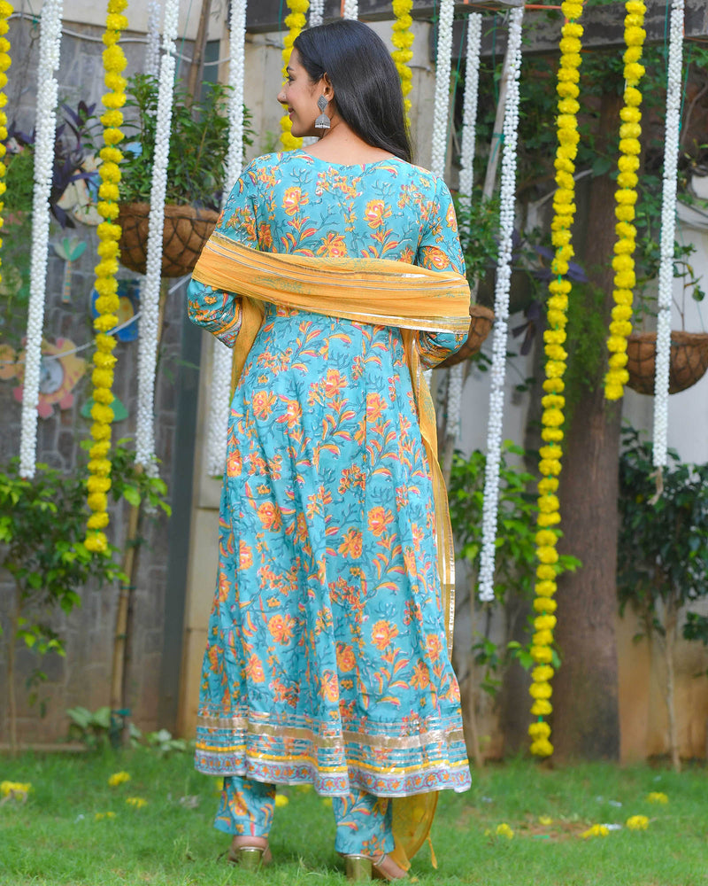 BLUE & YELLOW LEAF PRINT HANDBLOCK ANARKALI