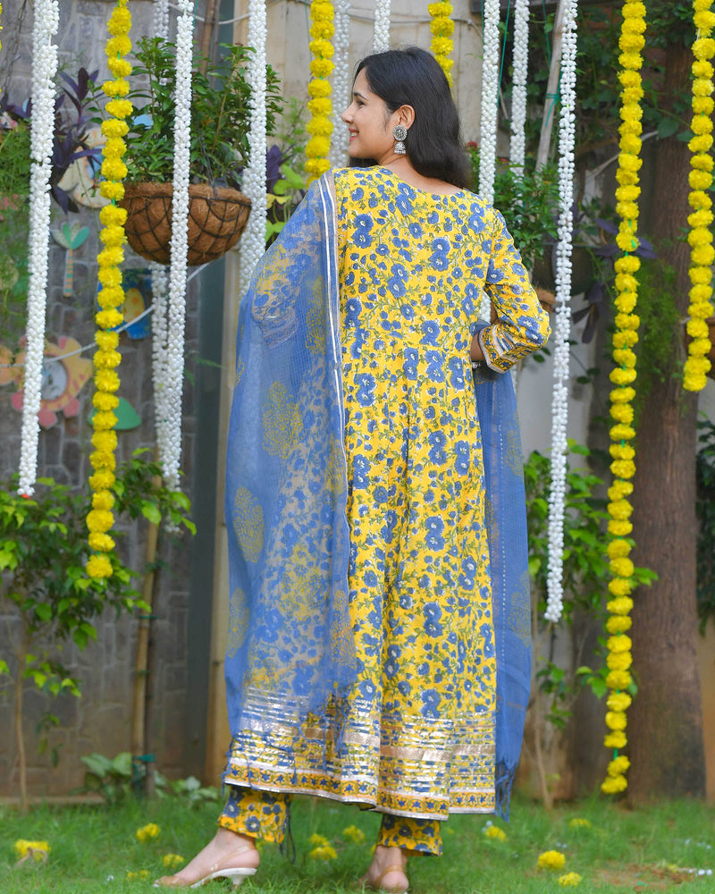 YELLOW & BLUE FLORAL PRINT HANDBLOCK ANARKALI