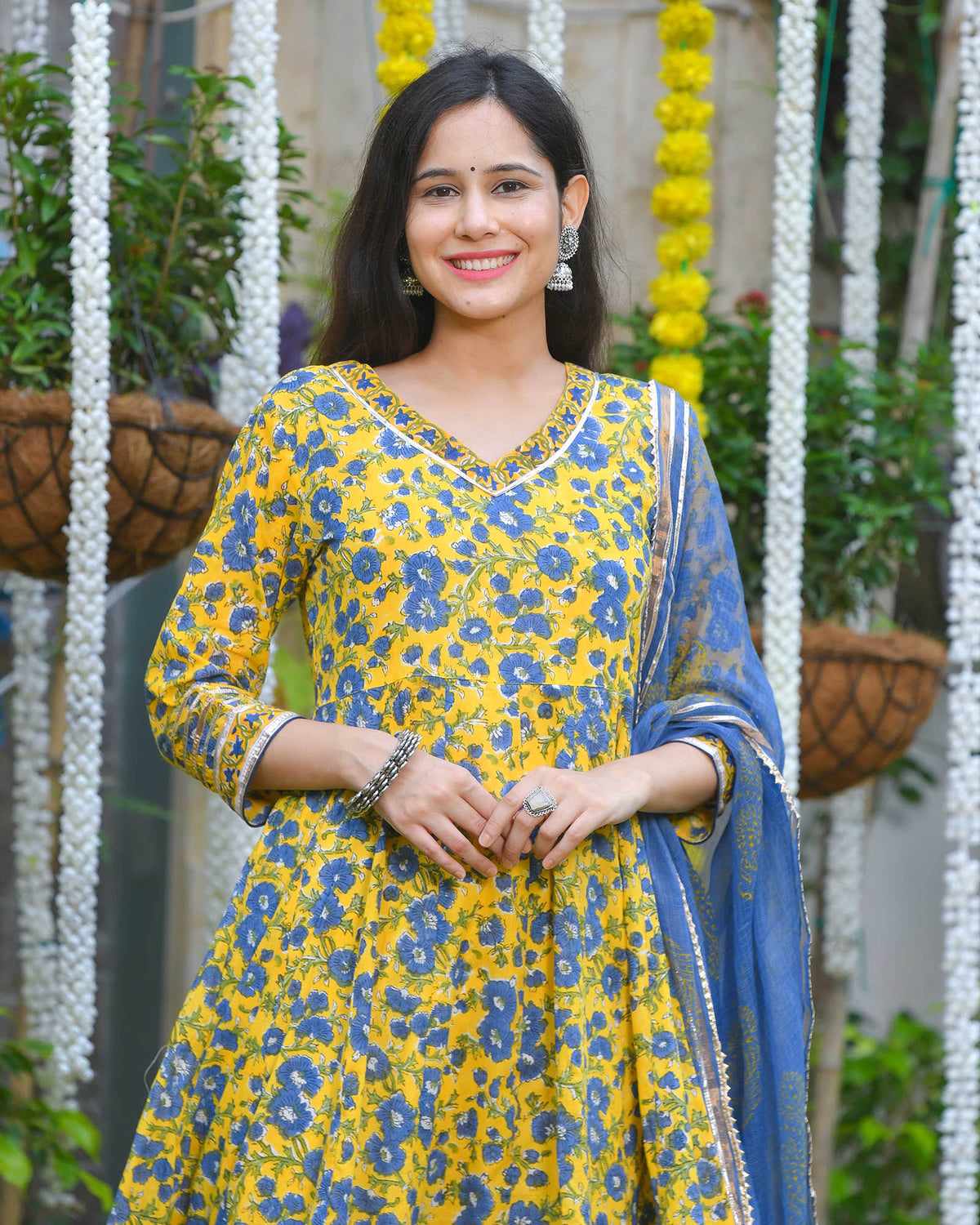 YELLOW & BLUE FLORAL PRINT HANDBLOCK ANARKALI