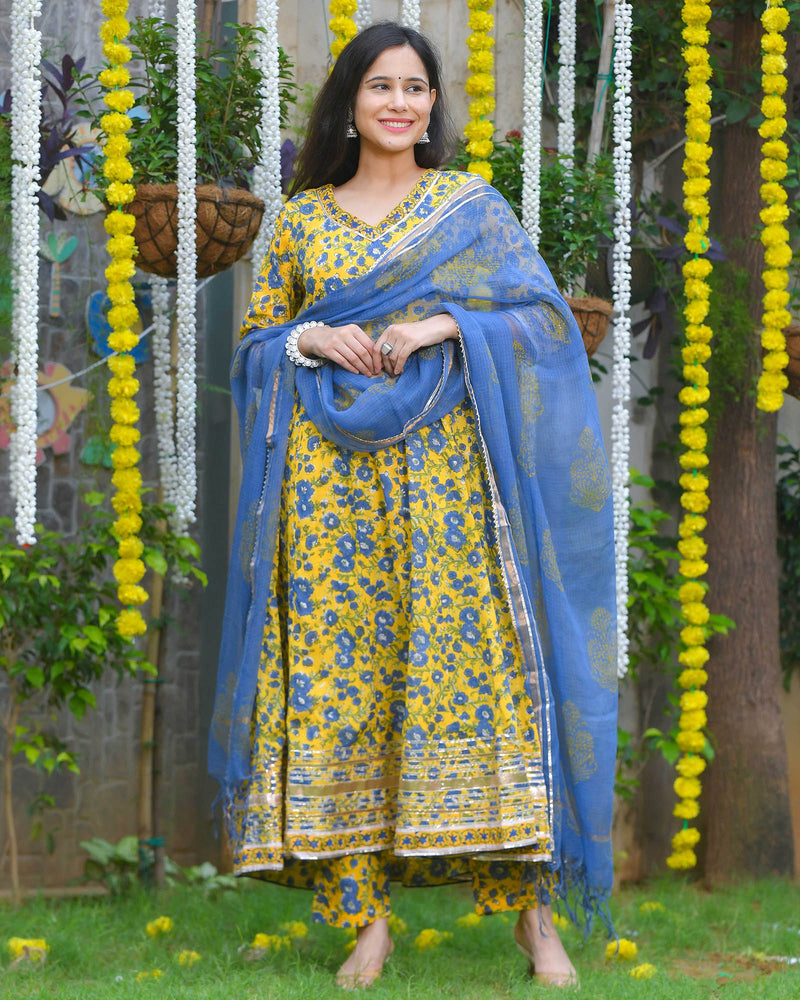 YELLOW & BLUE FLORAL PRINT HANDBLOCK ANARKALI