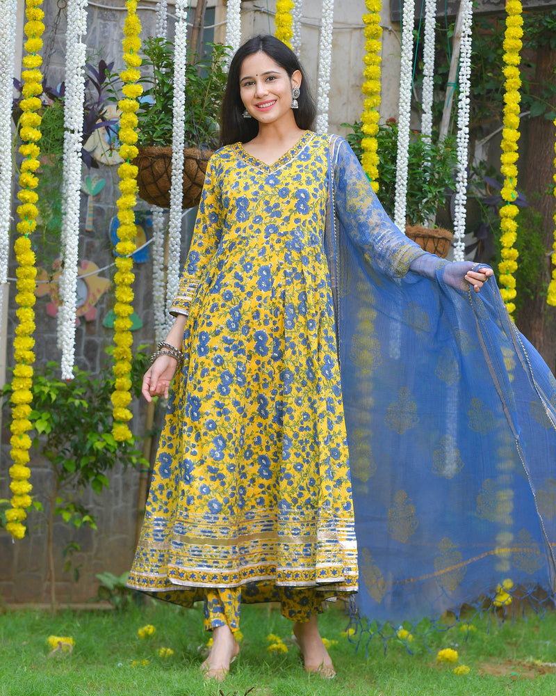 YELLOW & BLUE FLORAL PRINT HANDBLOCK ANARKALI