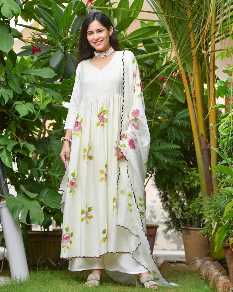 CREAM FLORAL HANDPAINTED ANARKALI SET