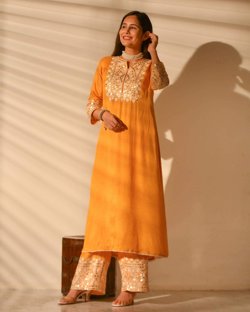 EXUBERANT YELLOW SHANTUNG KURTA SET