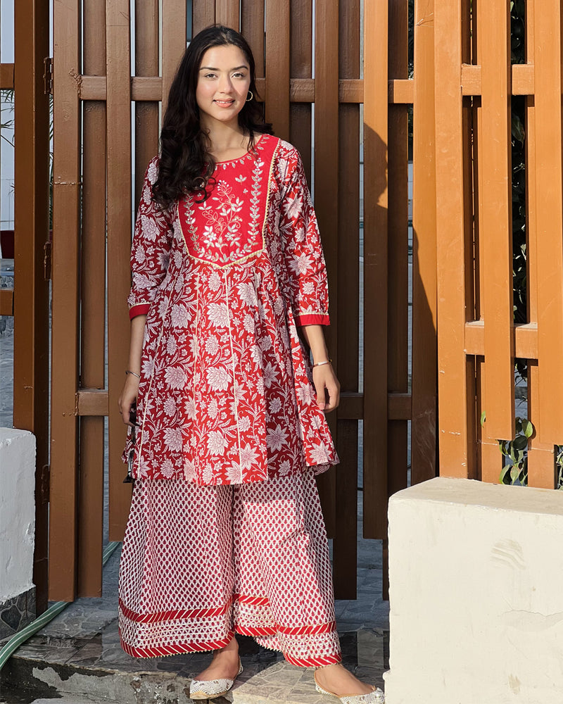 RED & WHITE COTTON PALAZZO SET